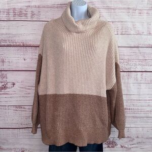 American Eagle Knitted Cowl Neck Color Block Oversized Sweater Tan